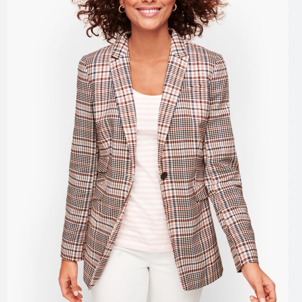 Talbots Friday Plaid One-Button Blazer Multicolor Cotton Blend Size 4 Petite